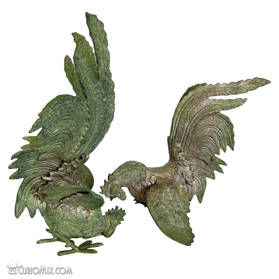 Pair of Brass Fighting Roosters